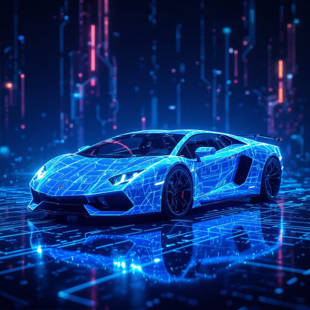 Futuristic Blue Hologram Lamborghini in Digital Art Style