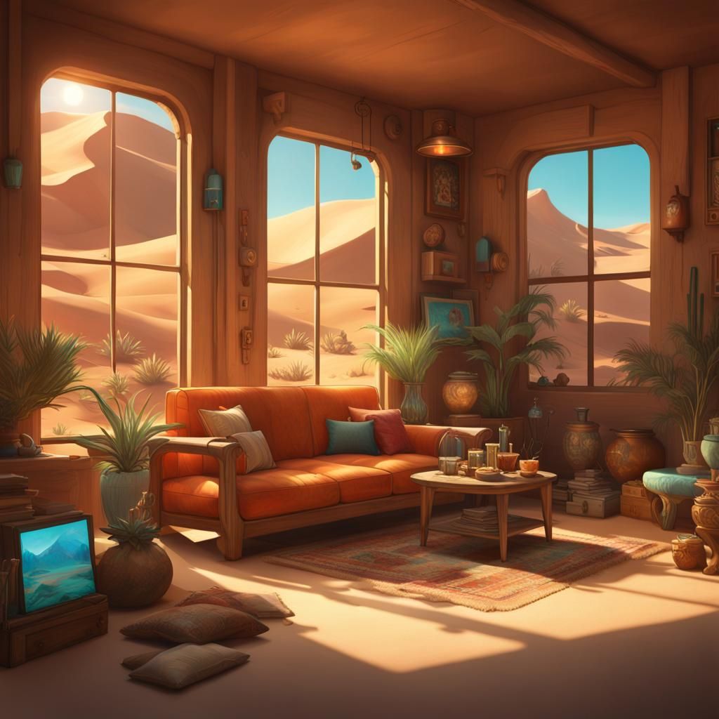 Cozy Den with Desert Terrarium, Digital Art