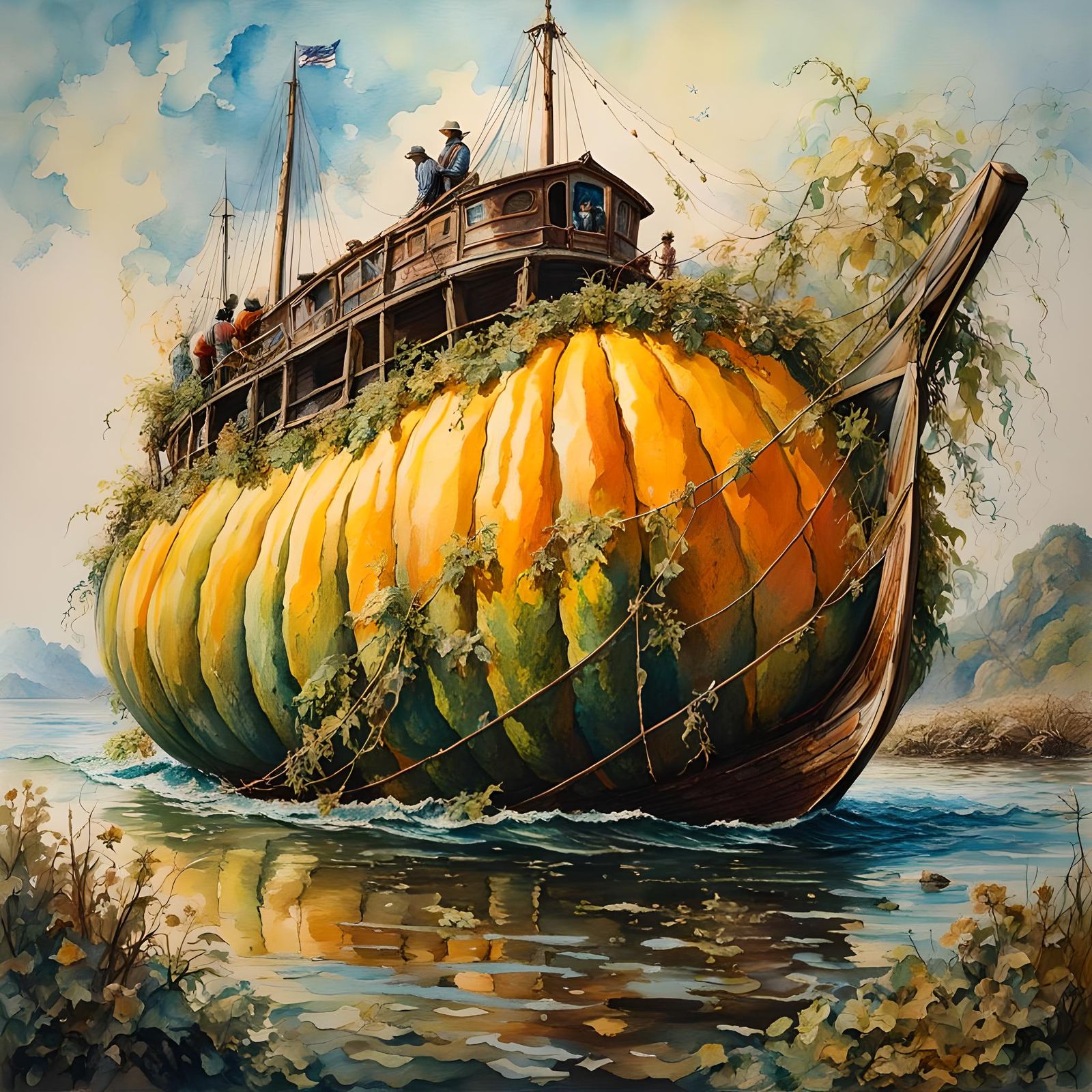 Retro Squash Boat in Hyperrealistic Ink and Watercolor