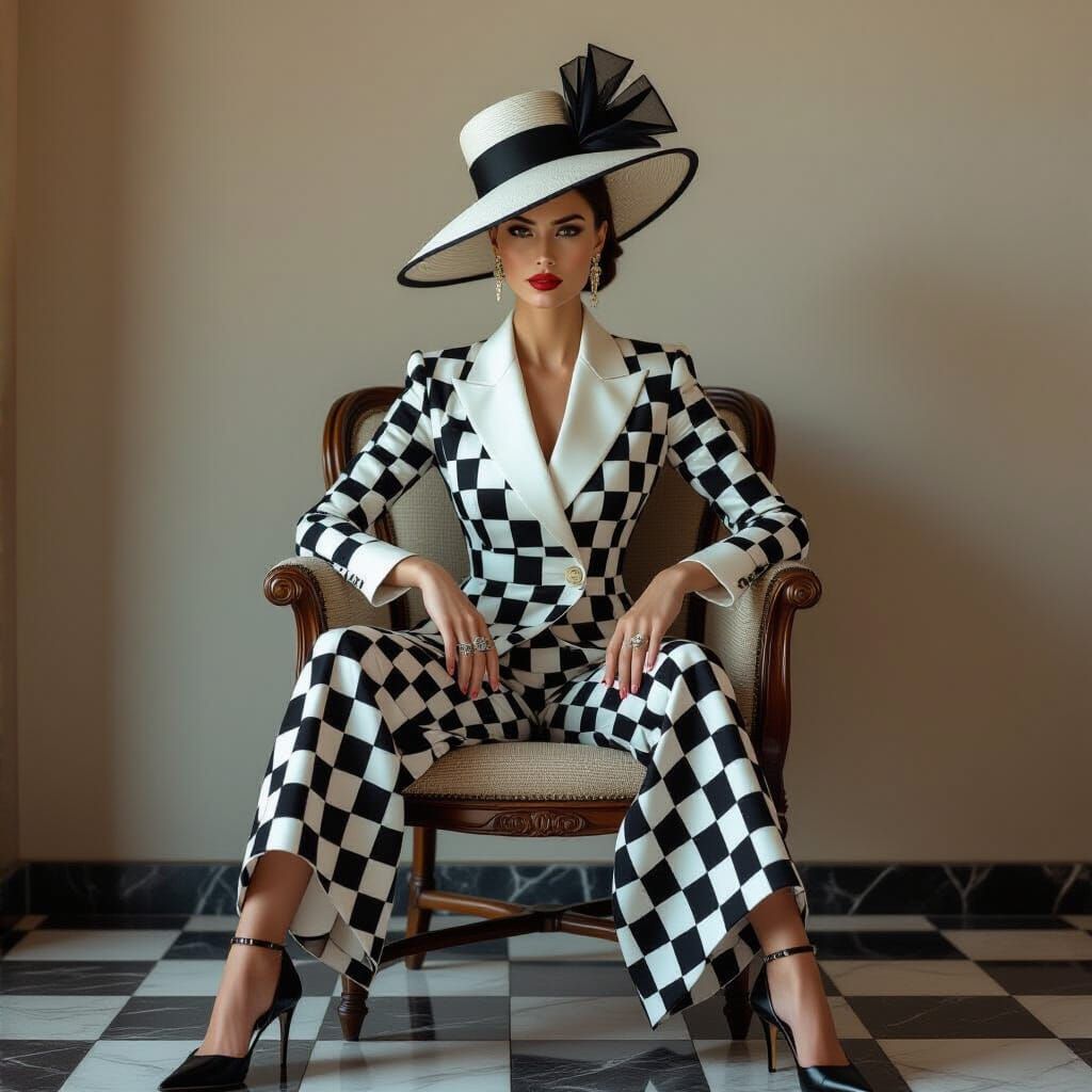 Elegant Model in Haute Couture Chessboard Suit