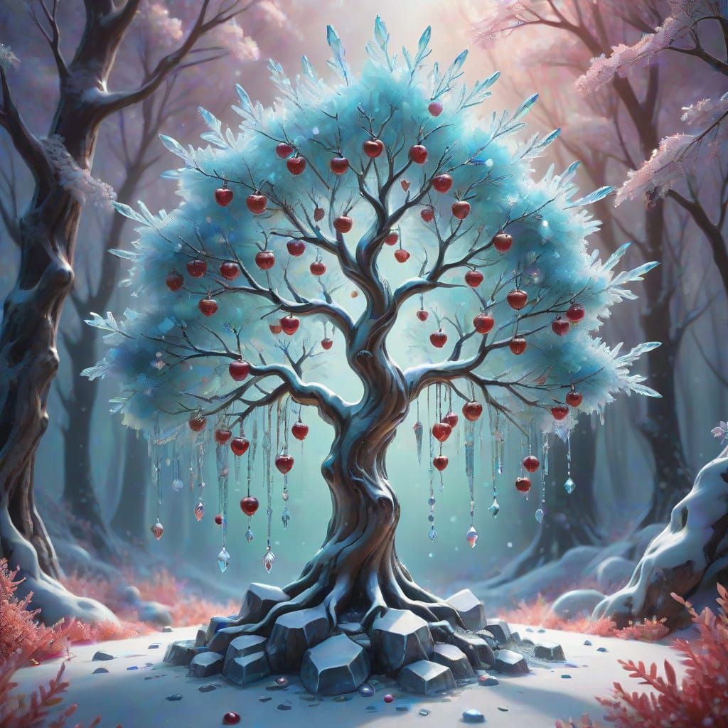Crystal Cherry Tree in Frozen Magical Forest