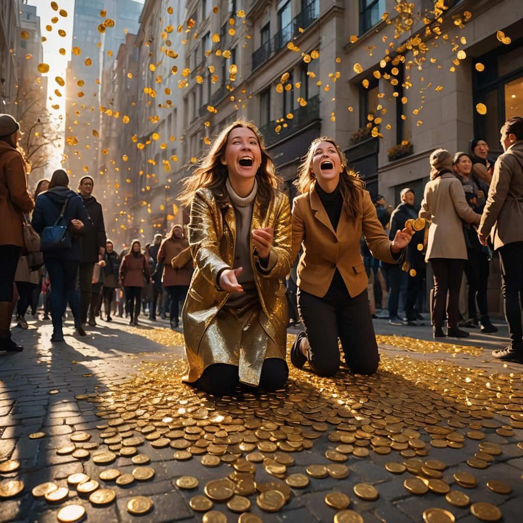 Gold Coins Rain Down in Modern City