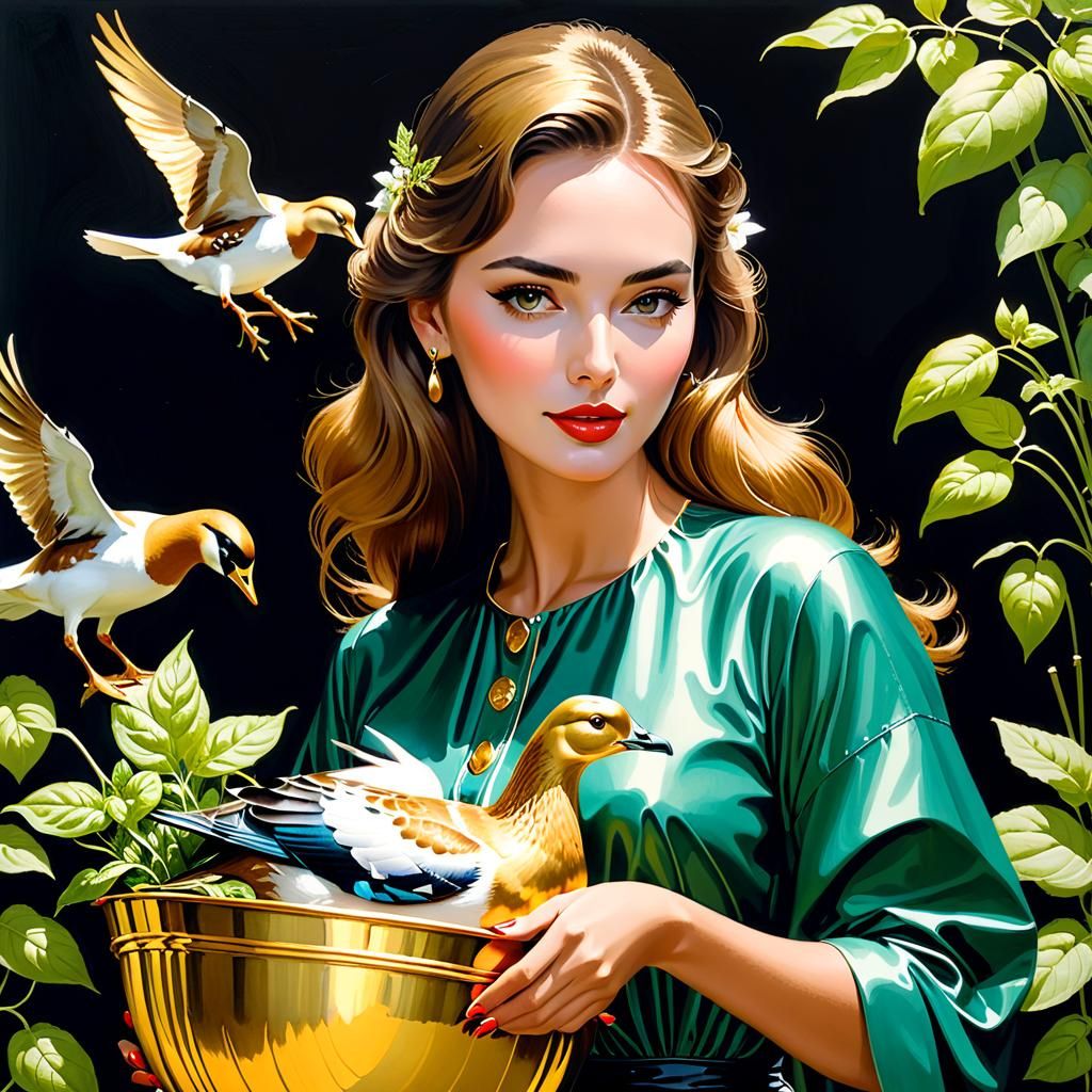 Girl Grabs Golden Goose in Gouache Style