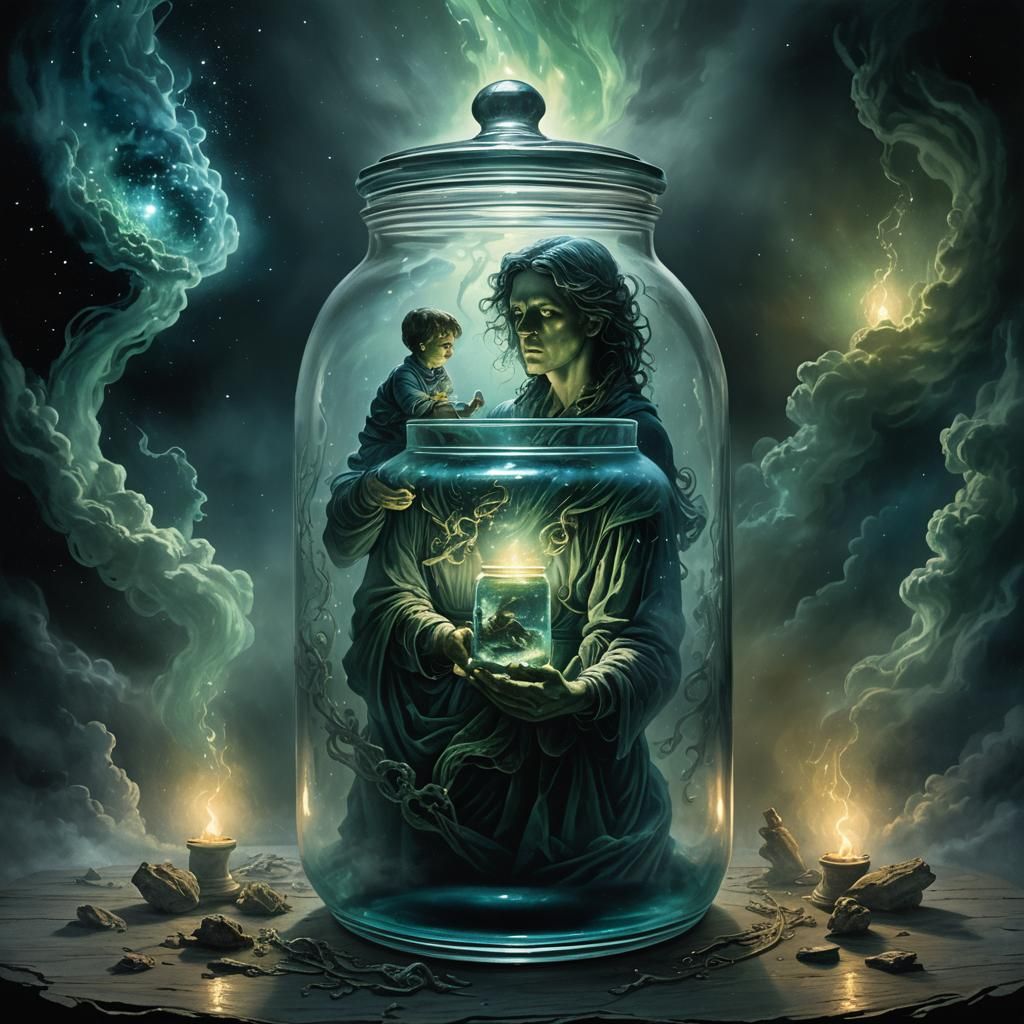Galaxy in Glass Jar: Surrealist Illustration