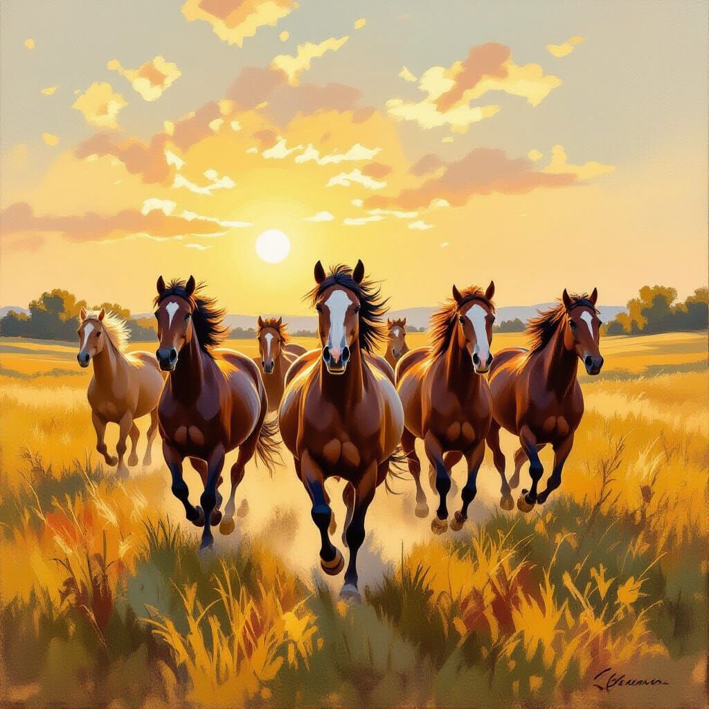 Wild Horses Galloping in Sunlit Meadow