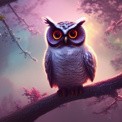 Fluffy Owl in Tree: Fantastical Digital Painting