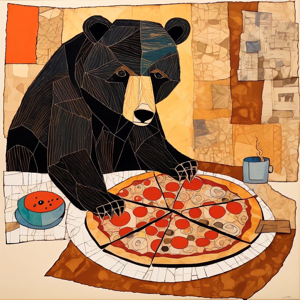 Bear Eating Pizza in Mixed Media Style
