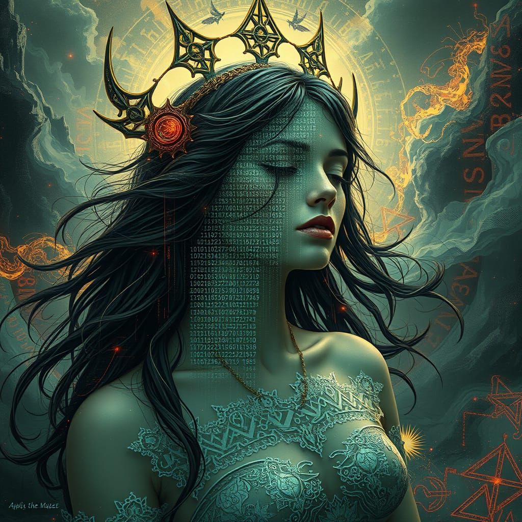 Goddess Dissolving into Binary Code in Cyberpunk Style