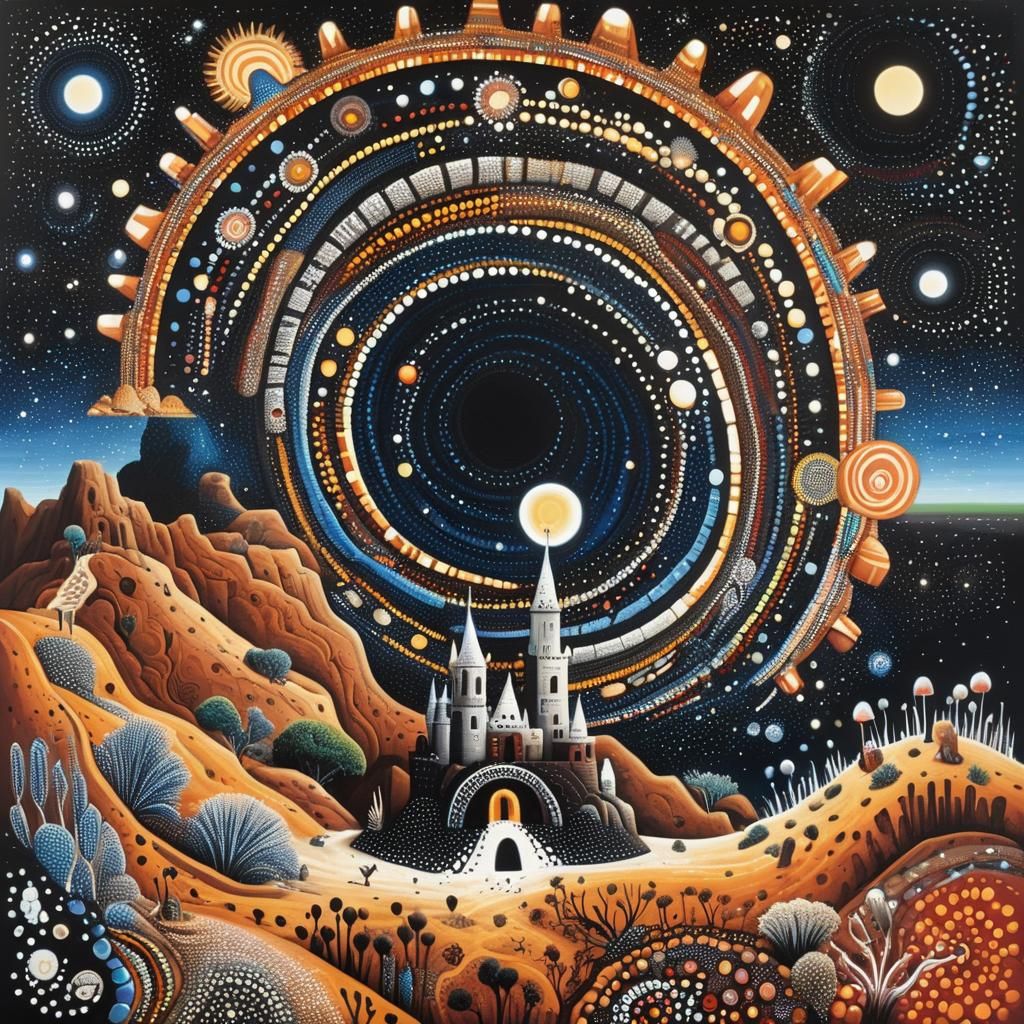 Cosmic Sandcastle in Aboriginal Dot Painting Style