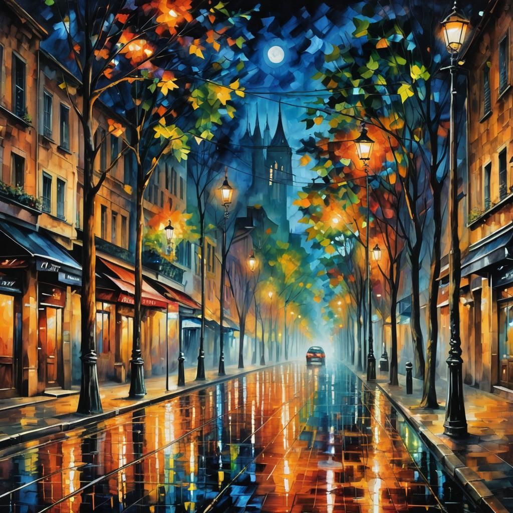 Night Street Scene with Lamp Posts, Impasto Style