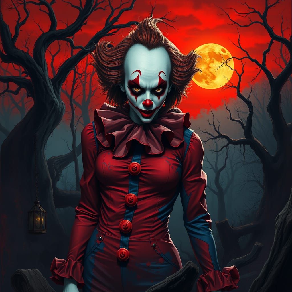 Menacing Female Clown in Dark Forest Under Blood Red Sky