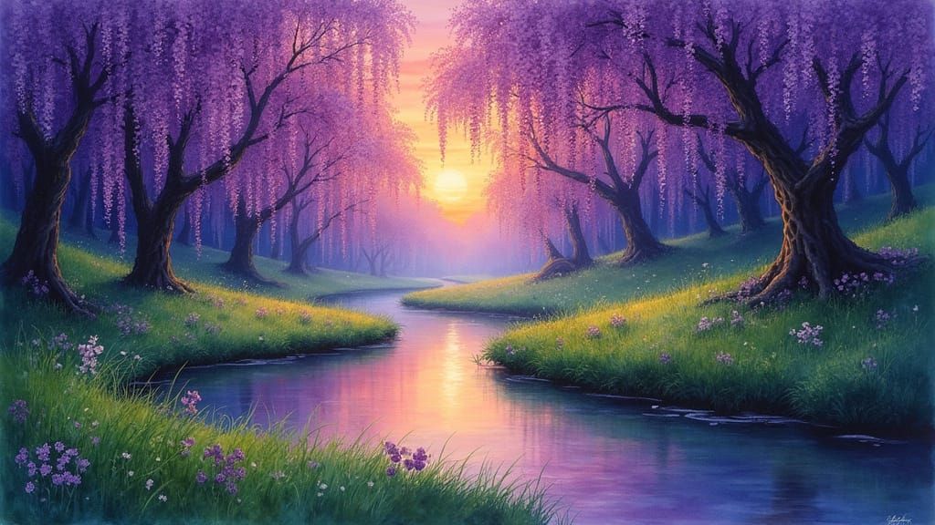 Ethereal Wisteria Forest at Sunset in Watercolor