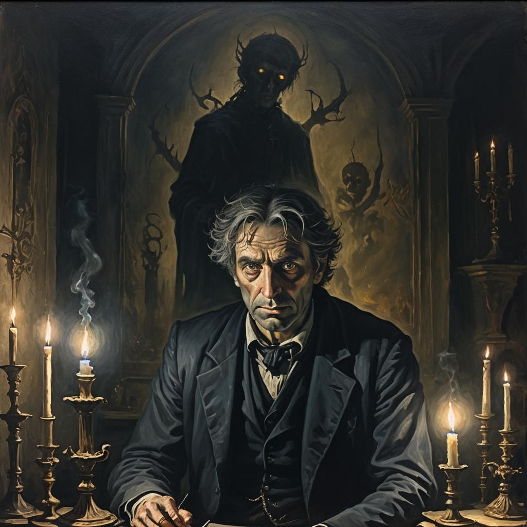 Terrifying Portrait Painter in Dark Gothic Studio
