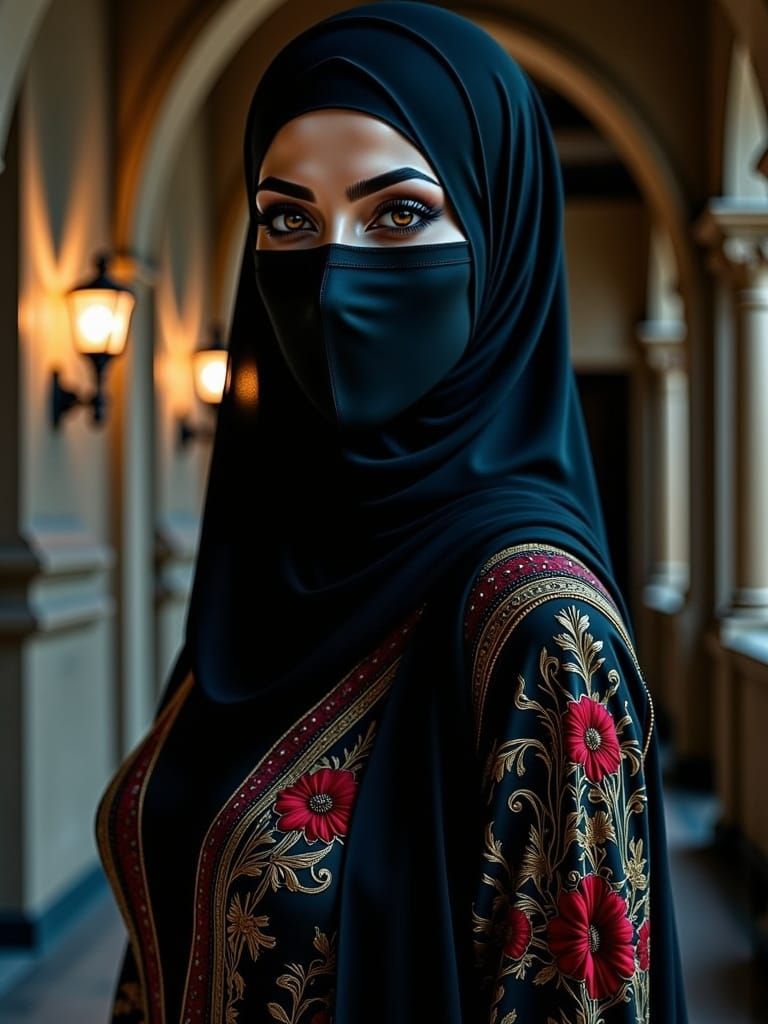 Gothic Hijabi Portrait with Dark Elegance and Palestinian Sy...