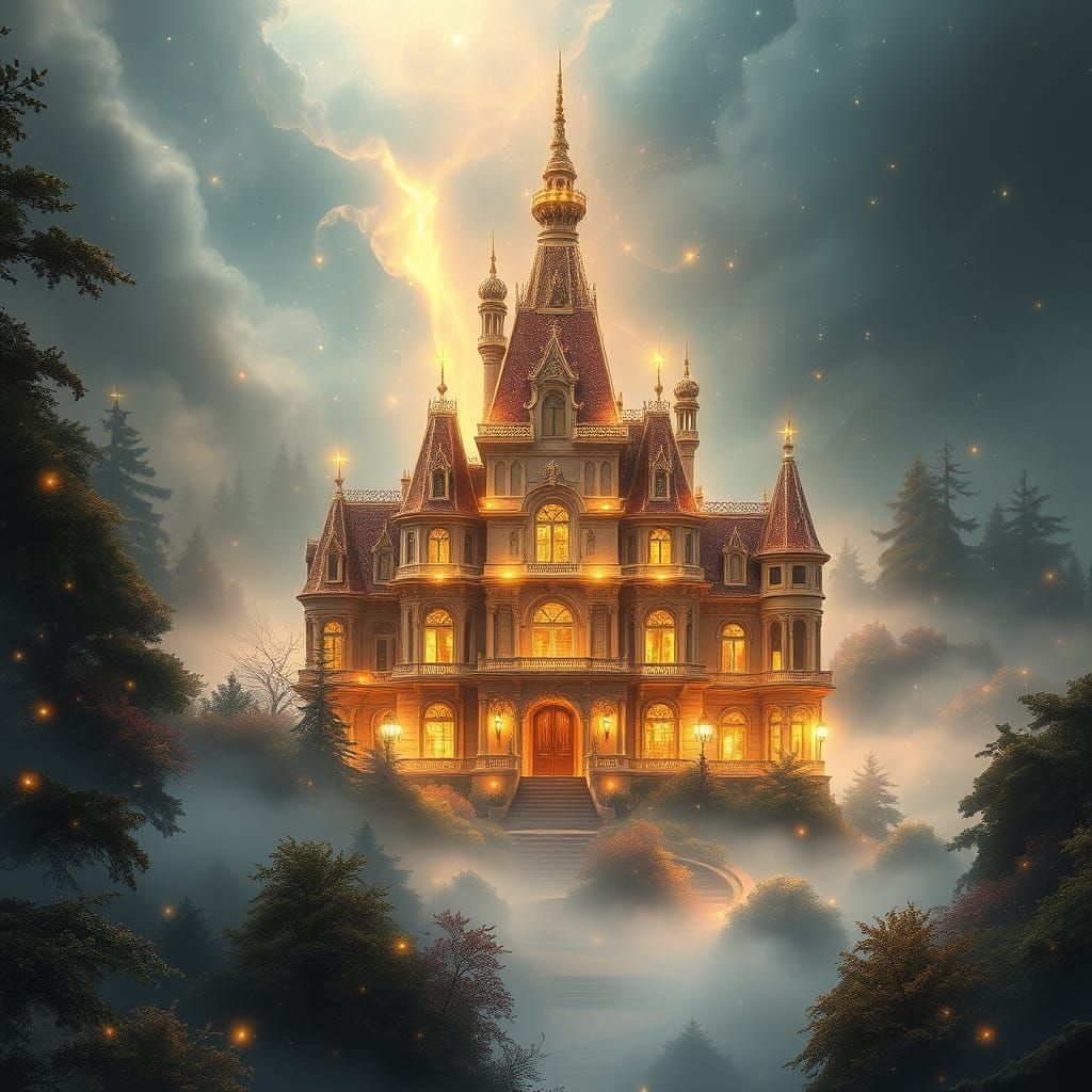 Ethereal Chateau in Dreamlike Forest, Iridescent Mist, and C...