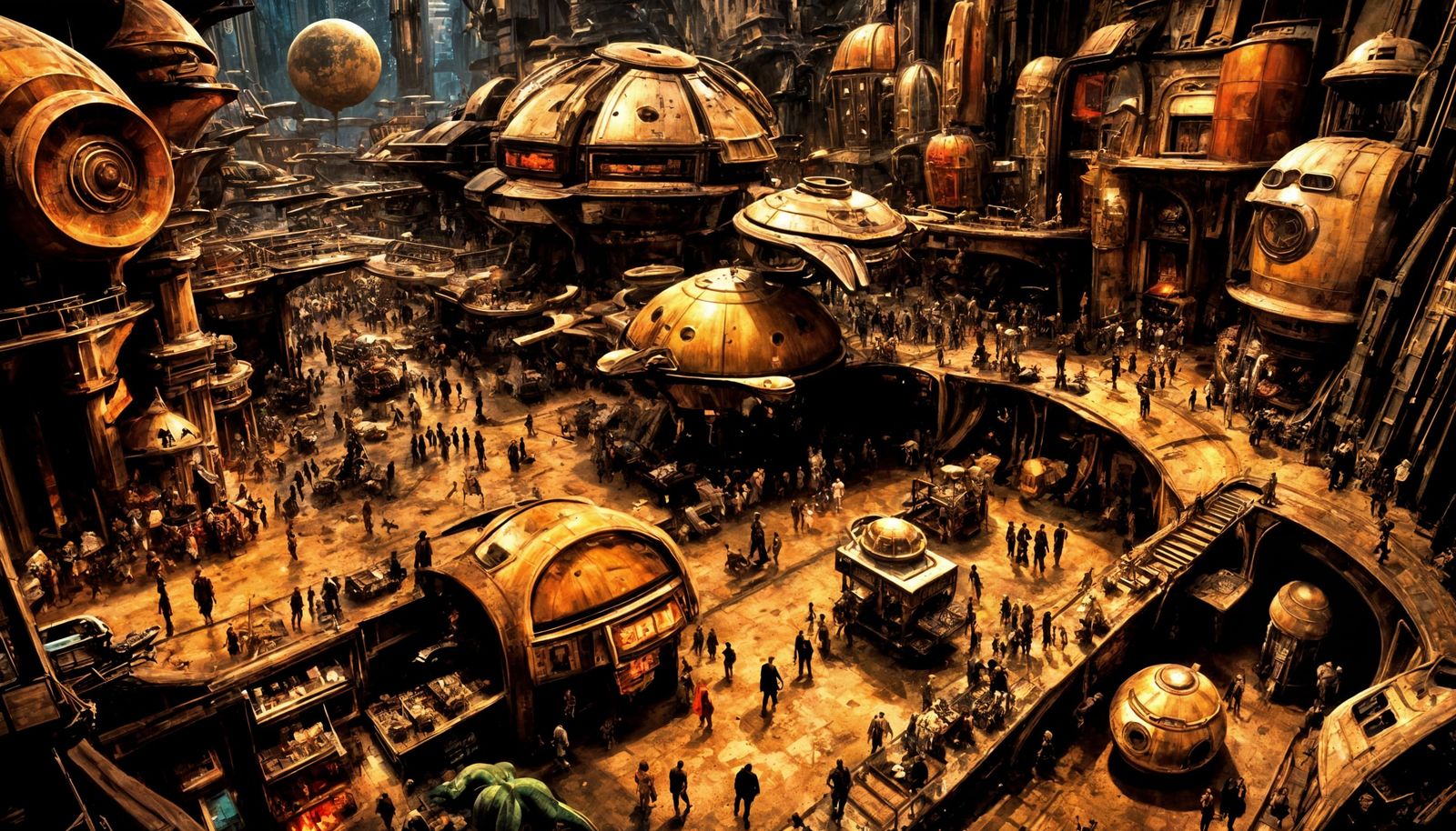 Exotic Alien Marketplace Painting in Steampunk Futurism Styl...