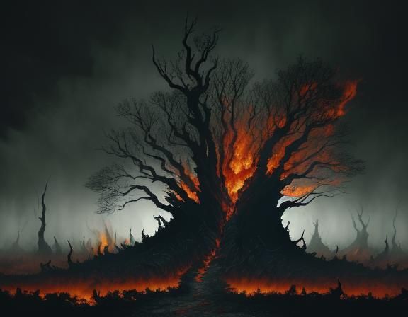 Dark Fantasy Forest with Fiery Backdrop
