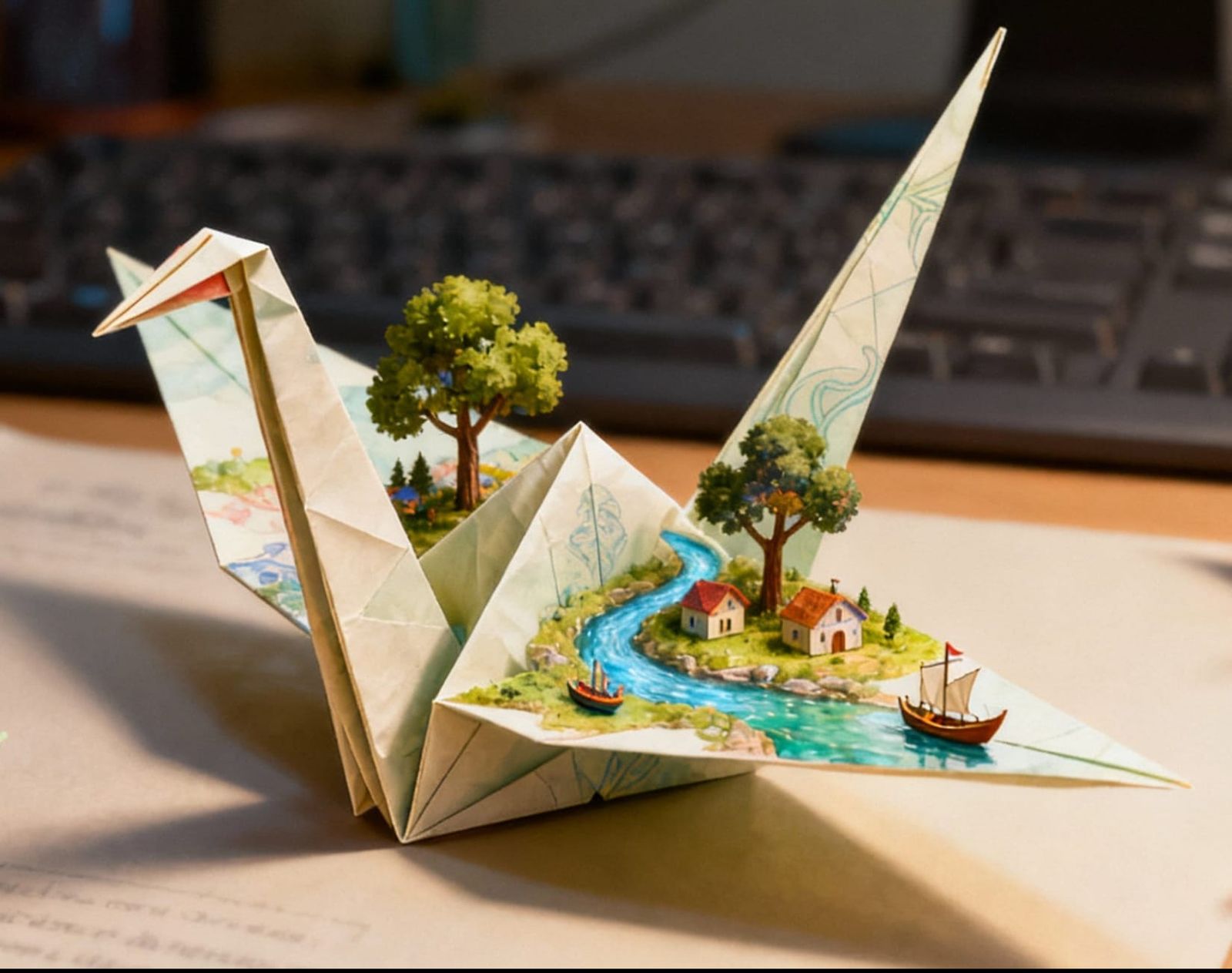 Miniature Fantasy World in Origami Crane