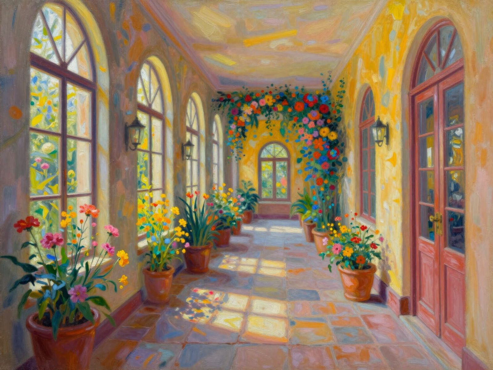 Vibrant Impressionist Oil Painting of a Floral Hallway