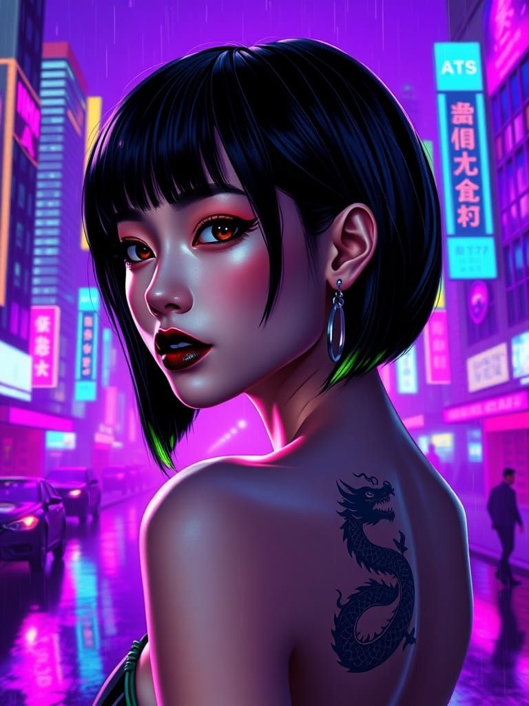 Cyberpunk Heroine Under Neon Rain