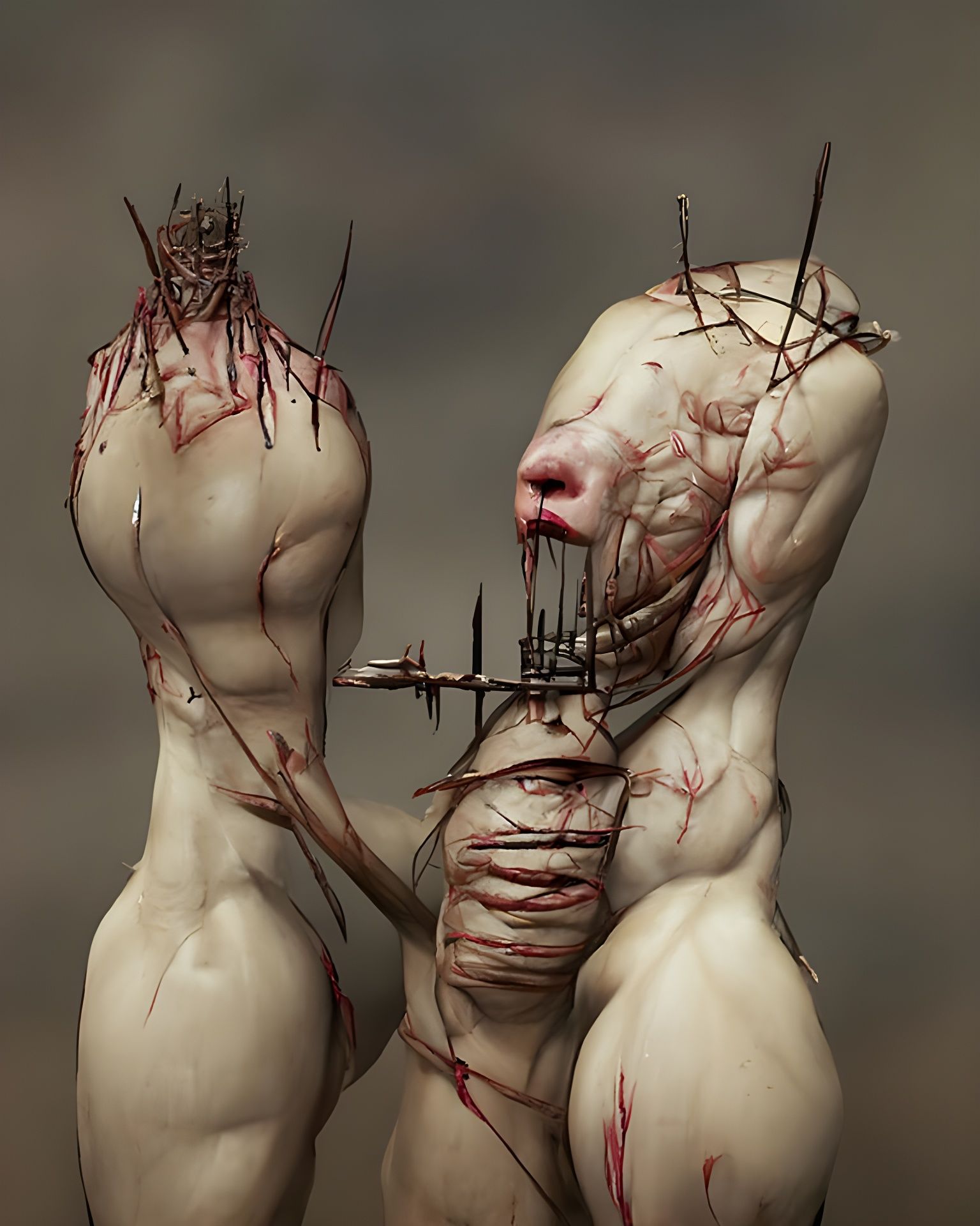 Grotesque Humanoids Expressing Envy in Body Horror Style
