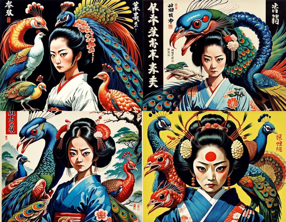 Surreal 1970s Movie Poster featuring a Mutant Geisha Samurai...