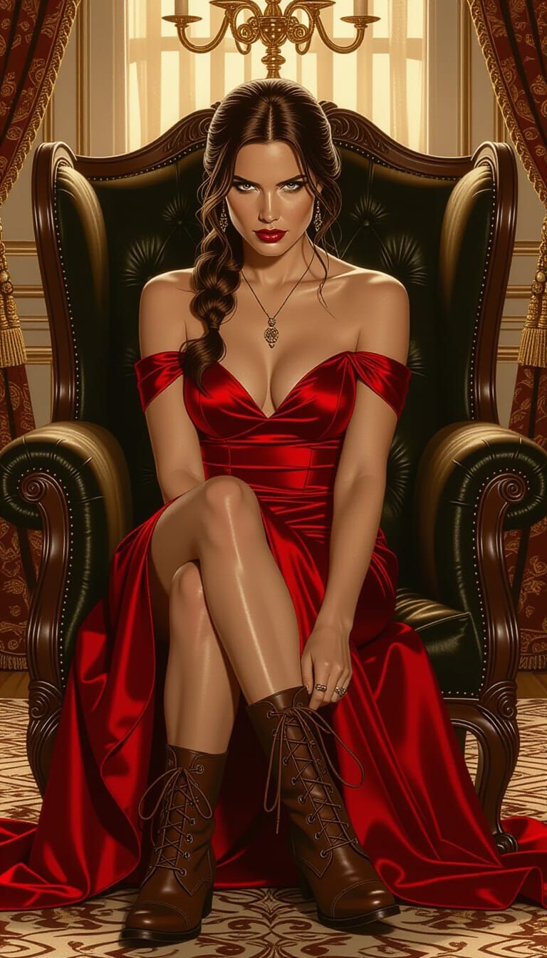 Lara Croft Tying Boots in Plush Hotel, Art Nouveau