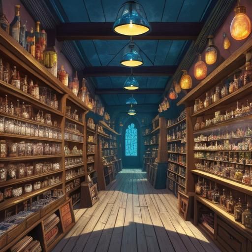 a scene of a whimsical potion shop with a collection of wing...