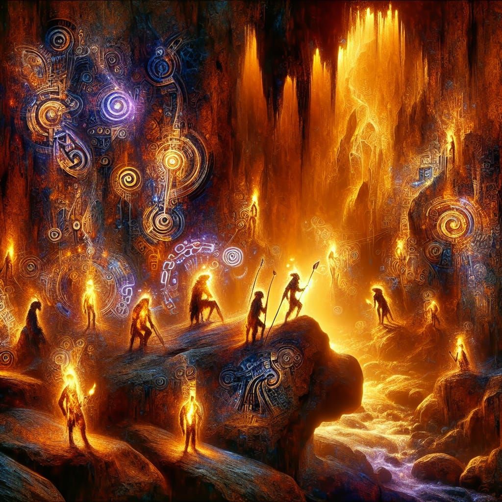 Glowing Tribal Hunters on Cavern Walls at Twilight