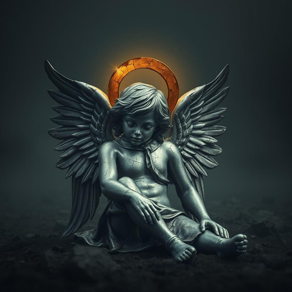 Fallen Angel with Tarnished Halo in Beksiński Style