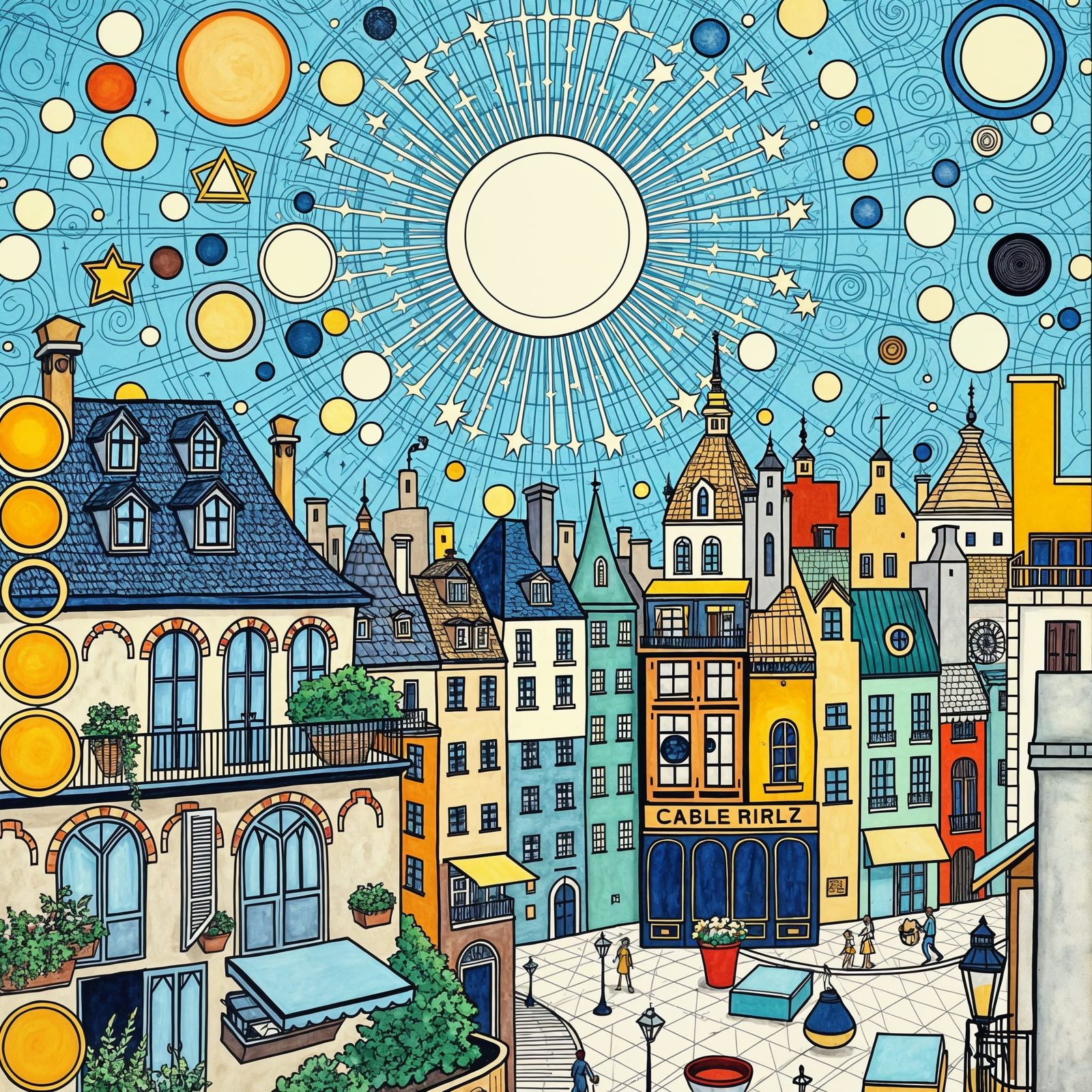 Art Nouveau Cityscape with Abstract Background