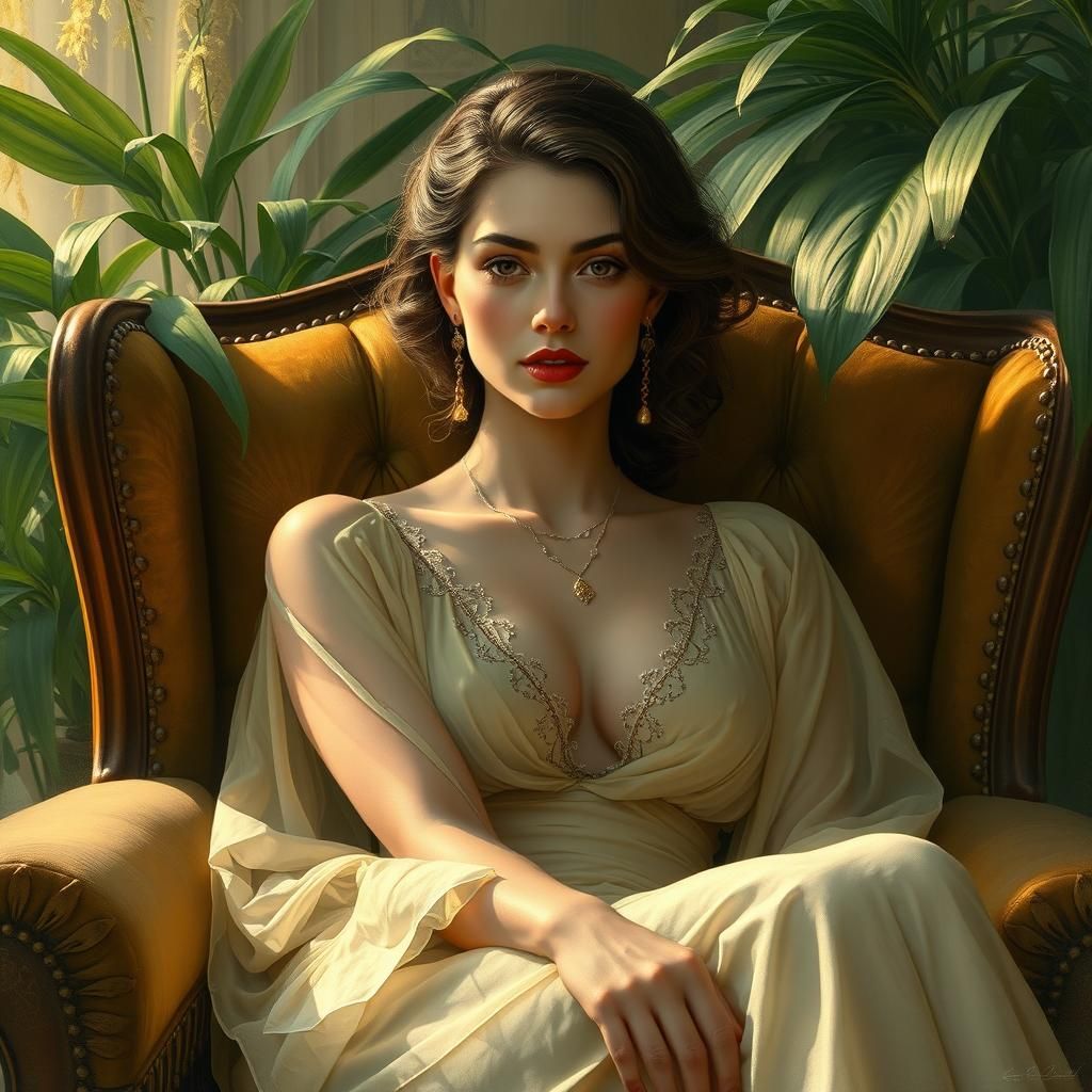 Elegant Woman in Golden Light, Digital Painting Style