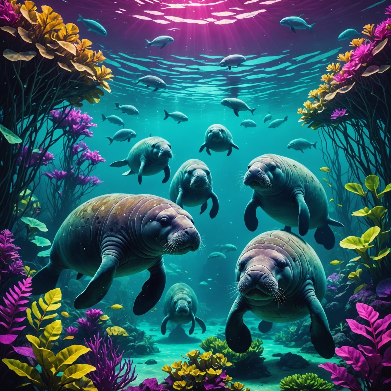 Manatees Swimming in Synthwave Neon Retro Style
