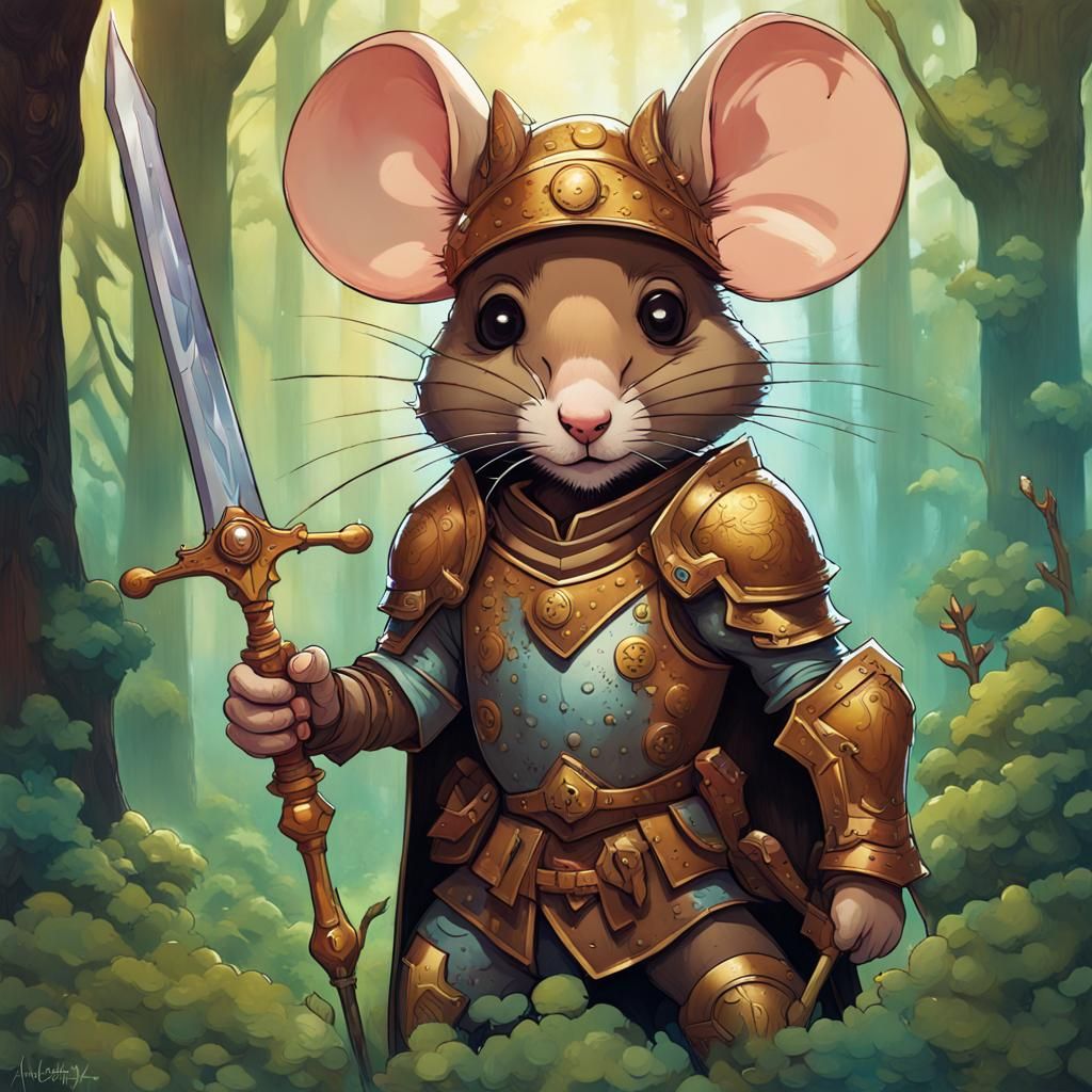 Mouse Knight in Forest, Alphonse Mucha Style