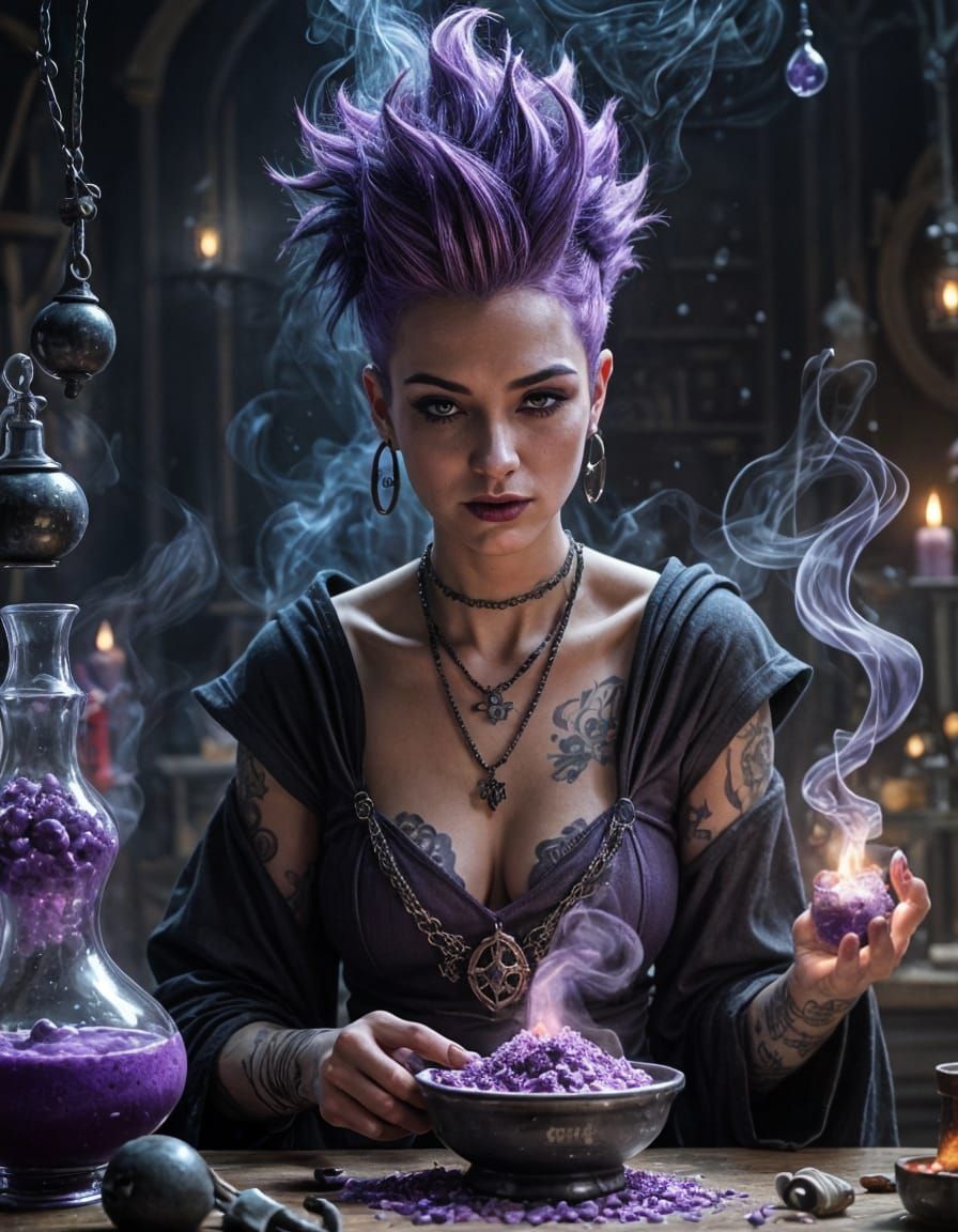 Young Witch with Purple Mohawk Brewing Potion