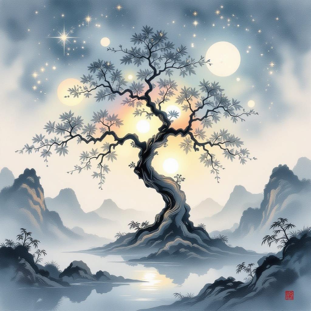 Luminous Tree of Life in Chinese Watercolor Style