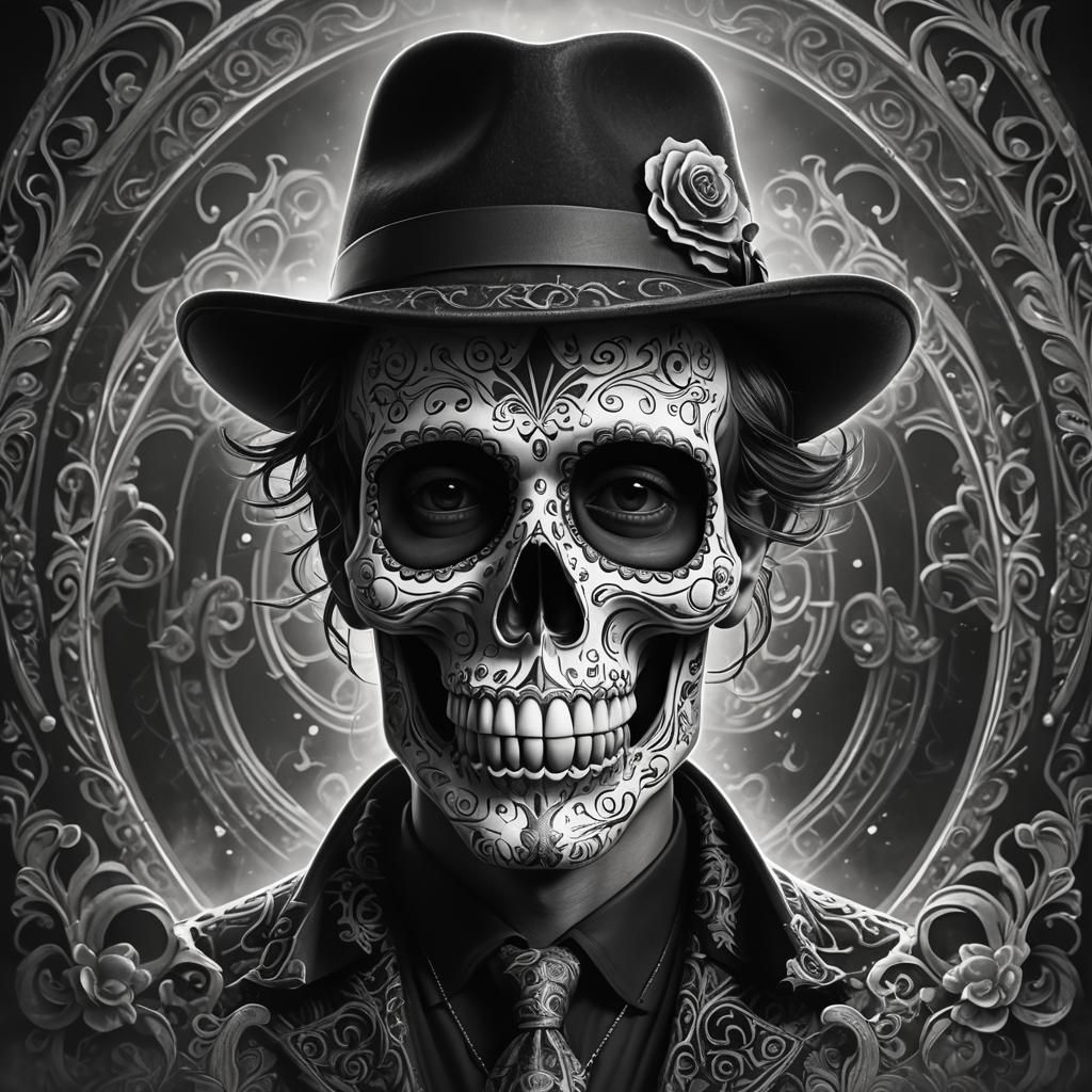 Ornate Sugar Skull in Fedora: Black and White Art