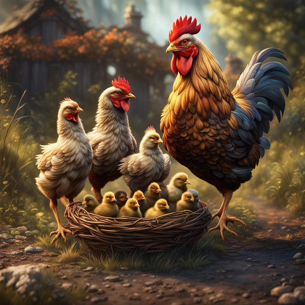 Realistic Mother Hen and Chicks Digital Painting