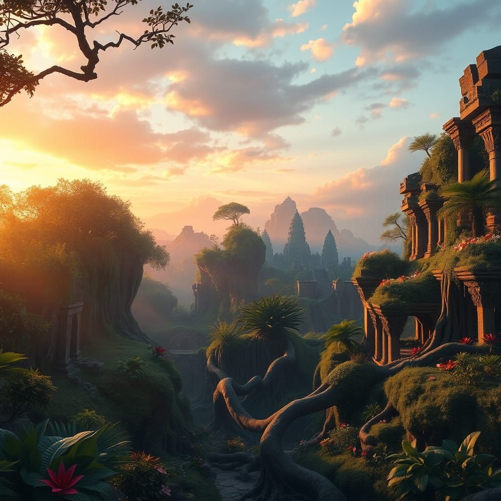 Ancient, Hyper-Realistic Garden Scene in a Ruined Temple