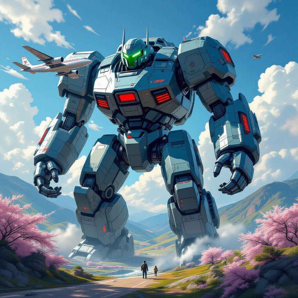 Colossal Golem Battles Aircraft in Japanese Landscape
