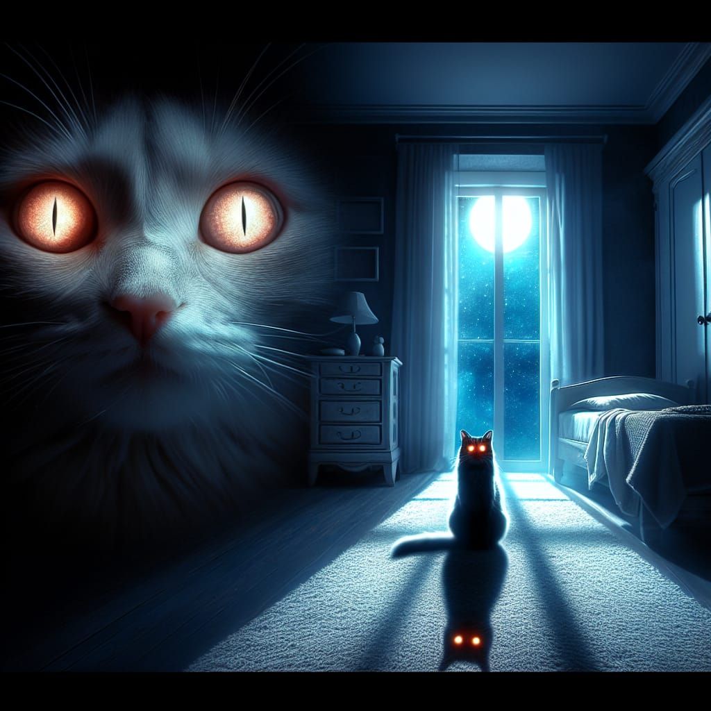 Eerie Uncanny Cat with Glowing Eyes in the Night