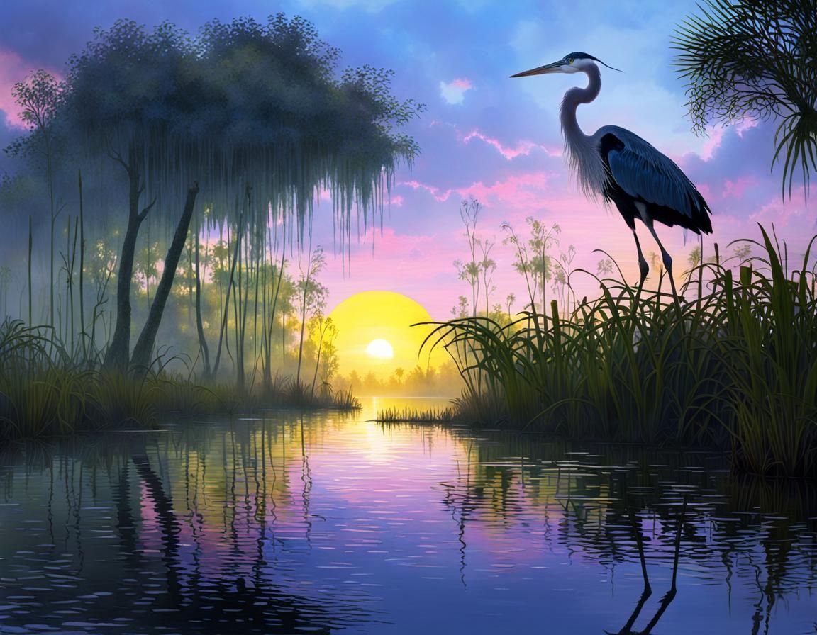 Heron Silhouette in Florida Everglades: Fantasy Art