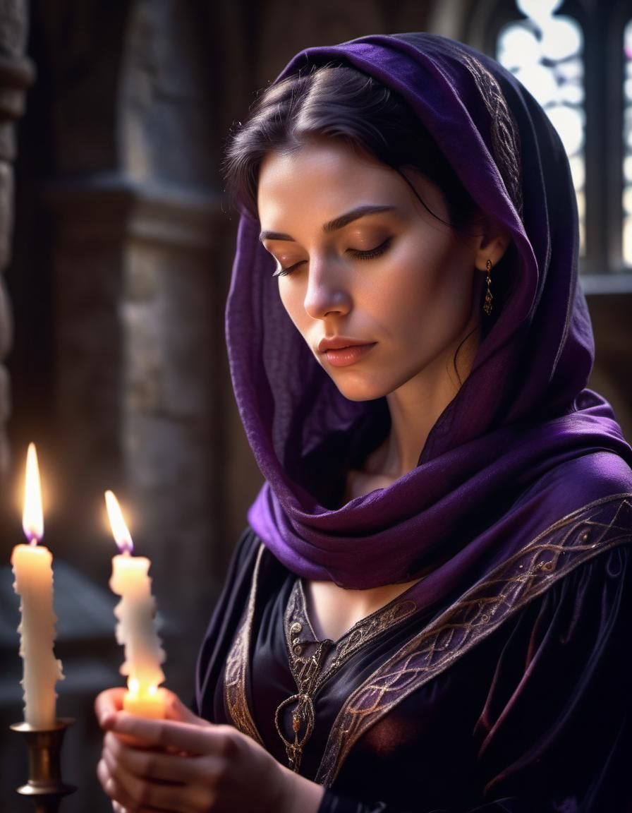 Radiant Woman Lights Candle in Renaissance Chapel
