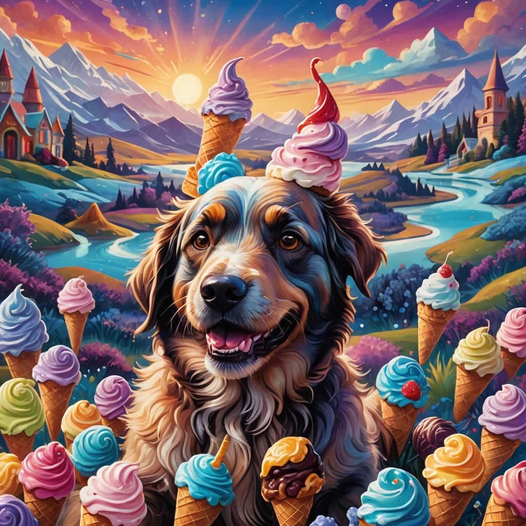 Dog's Dream: Ice Cream Delight in Fantasy Landscape