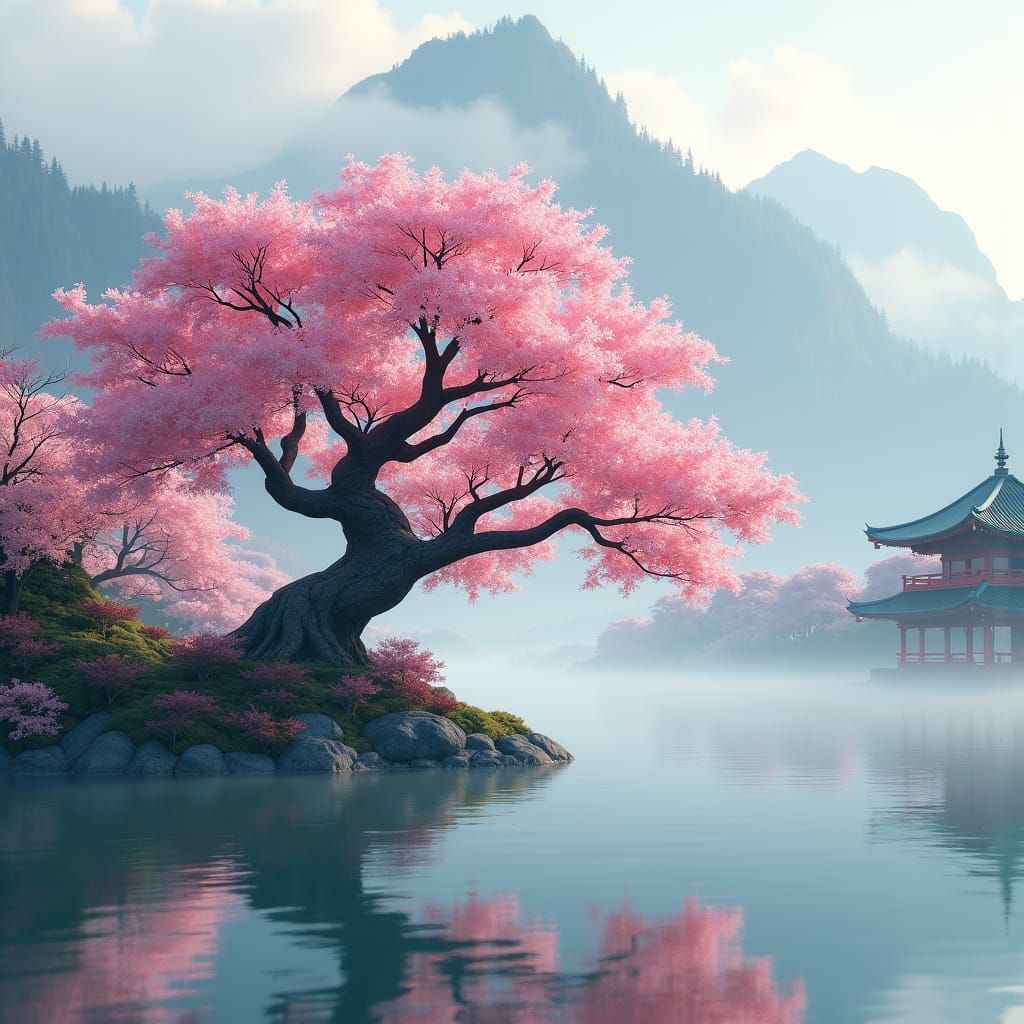 Sakura Tree at Lake: 3D Anime Watercolor Art