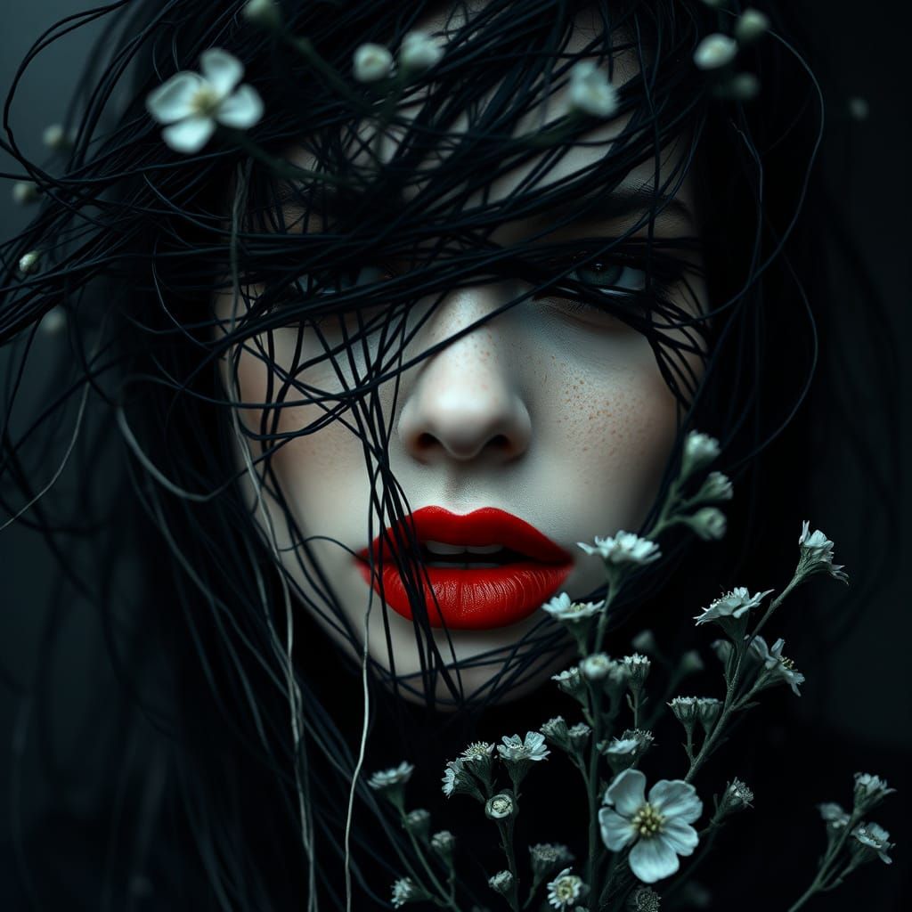 Sultry Charcoal Beauty with Red Lips and Silver Flowers