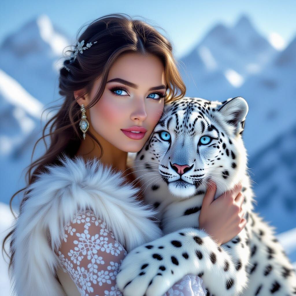 Snow White Woman with Blue Eyes and Snow Leopard
