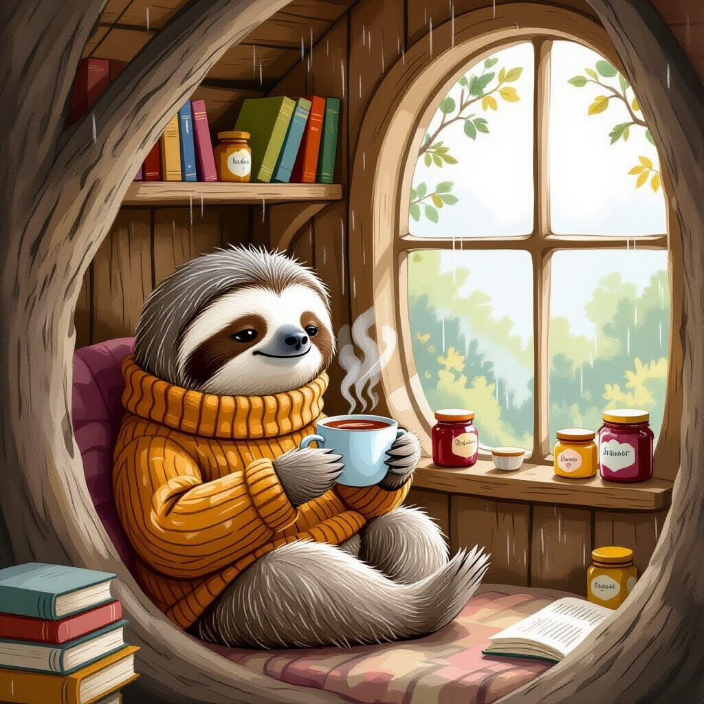 Cozy Sloth in Treehouse Sipping Tea, Children's Book Style