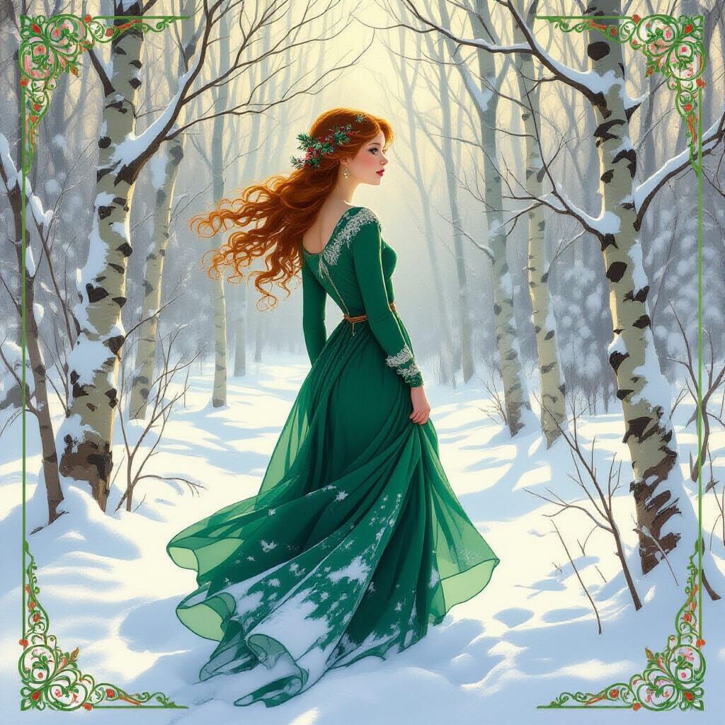 Jugendstil Woman in Snowy Forest with Berries