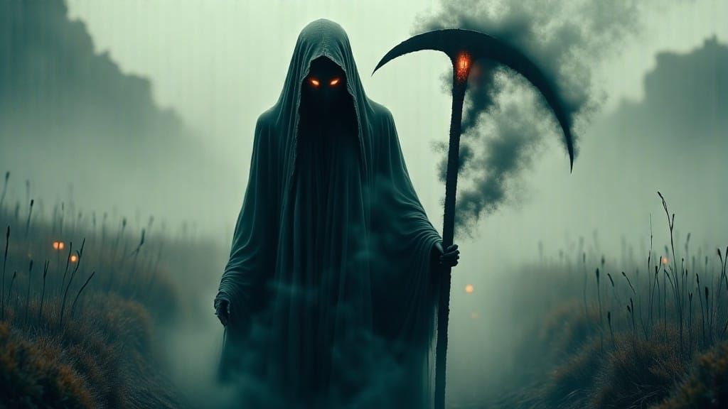 Mysterious Hooded Figure Unveils Dark Energy Scythe in Haunt...